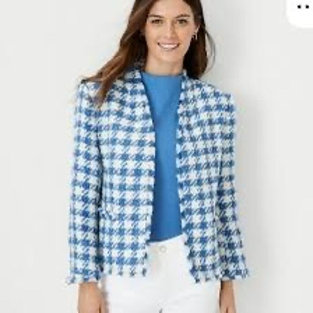 Ann Taylor Blue White Tweed Fringe The Cutaway Jacket Women’s Large Open Front